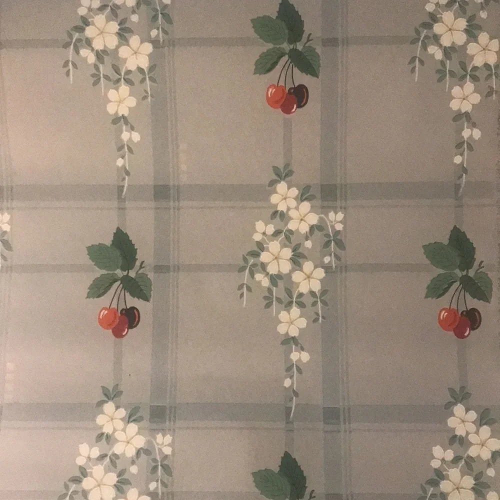 Vintage Trimz Wallpaper Blue Plaid with Cherries & White Flowers 2 Rolls